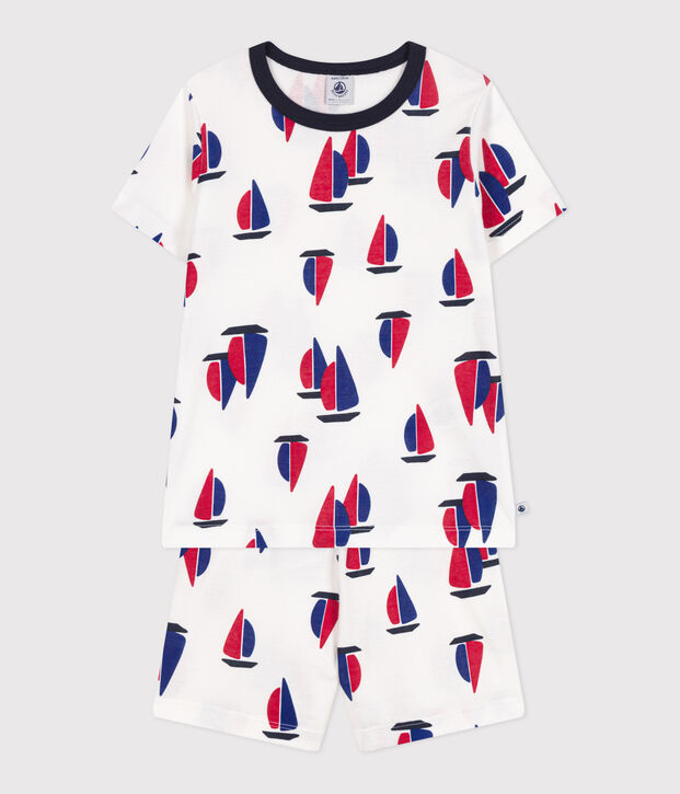Pyjama short enfant en coton imprim&eacute; bateaux blanc/multicouleur