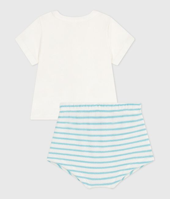 Ensemble naissance deux pièces en coton avec bas rayé bleu MARSHMALLOW/ AQUATIC