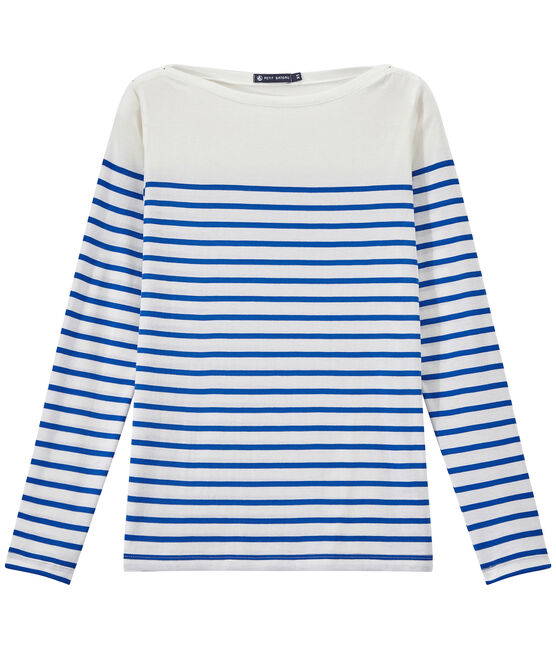 Dames-T-shirt met lange mouwen en streepjes wit MARSHMALLOW/blauw PERSE