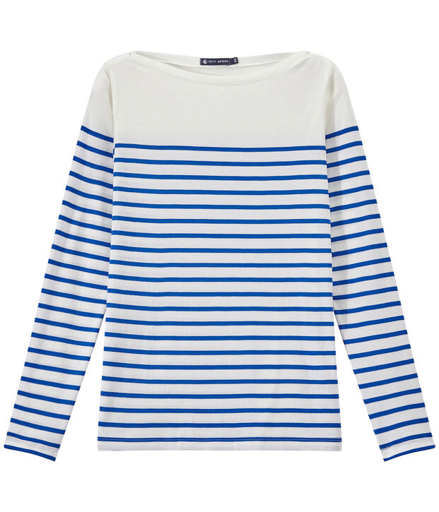 Dames-T-shirt met lange mouwen en streepjes wit/blauw