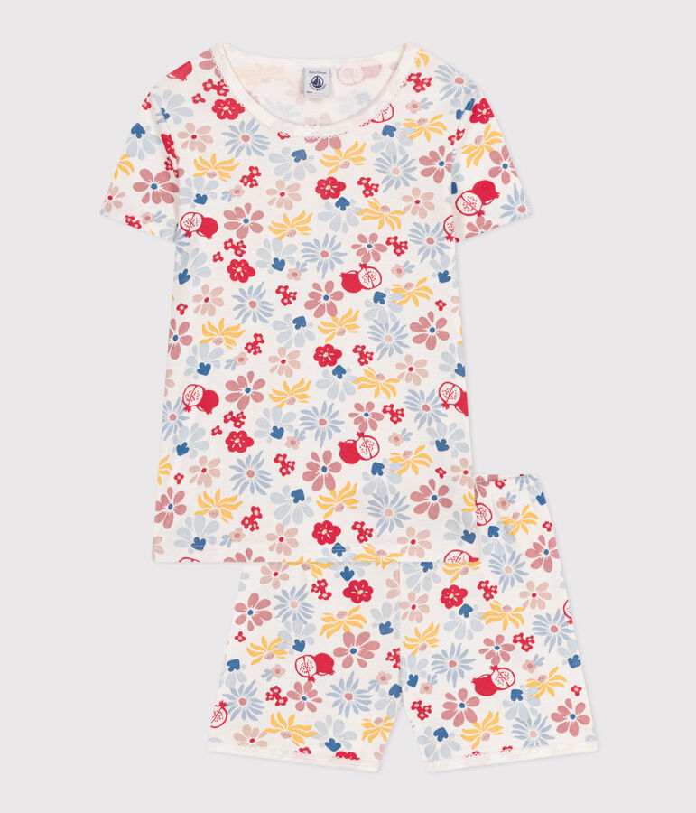 Katoenen pyjamashort met bloemenprint voor kinderen wit MARSHMALLOW/wit MULTICO
