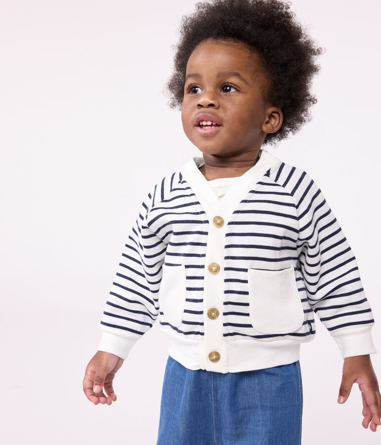 Cardigan in dikke jersey voor baby's wit MARSHMALLOW/blauw SMOKING