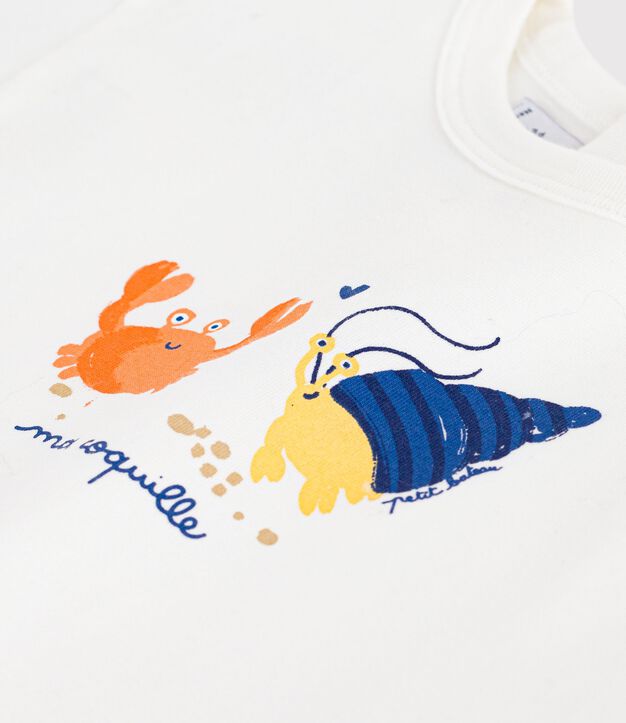 Katoenen baby-T-shirt met korte mouwen en meeuwmotiefje wit