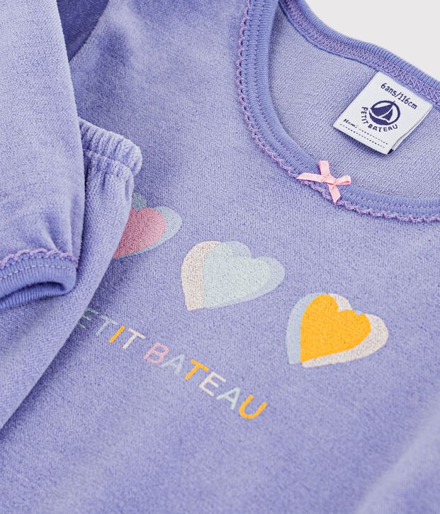 Pyjama enfant en velours &agrave; motif c&oelig;urs violet