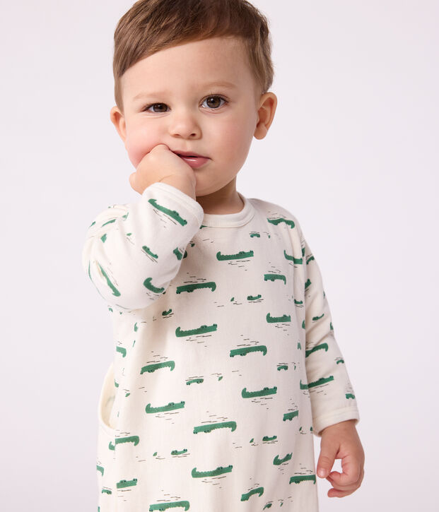 Babypyjama van geruwde fleece met opening op de rug en krokodillenprint ecru/multicouleur
