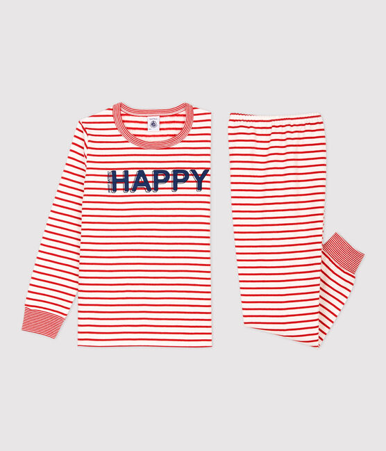 Rode meisjes/jongens molton pyjama met marinière-strepen wit MARSHMALLOW/rood TERKUIT