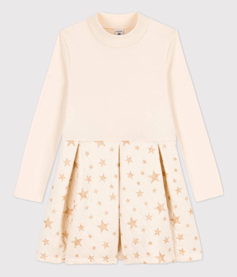 Meisjesjurk met lange mouwen in twee materialen ecru