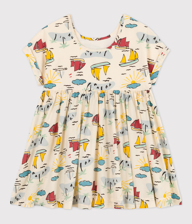 Robe manches courtes en popeline enfant fille &eacute;cru/multicouleur