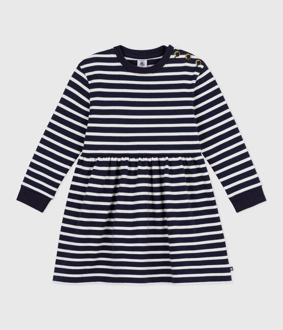 Robe enfant manches longues en coton bleu SMOKING/blanc MARSHMALLOW