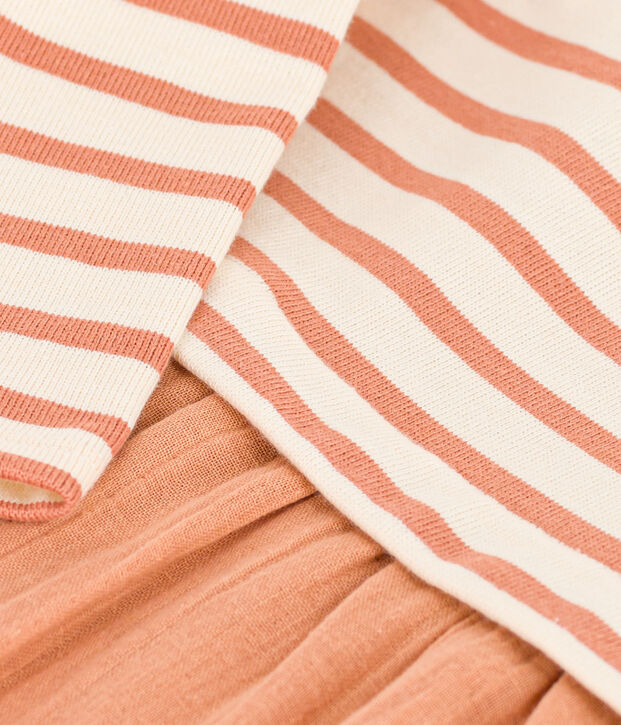 Jurk met lange mouwen van twee materialen voor baby's roze/ecru