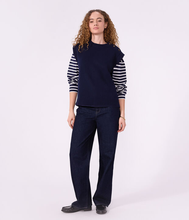 Katoenen marinetrui met lange mouwen voor dames blauw/wit