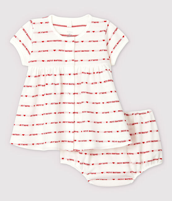 Robe manches courtes avec bloomer bébé fille en jacquard en coton biologique blanc MARSHMALLOW/rouge TERKUIT