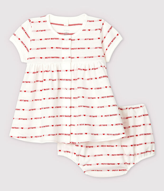 Jurk met korte mouwen en bloomers voor babymeisjes in jacquard, van biologisch katoen wit/rood