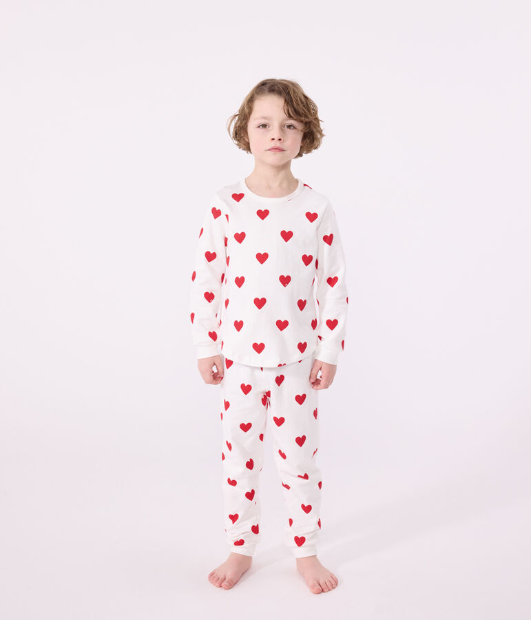 Pyjama fille imprim&eacute; c&oelig;urs en c&ocirc;te blanc/rouge