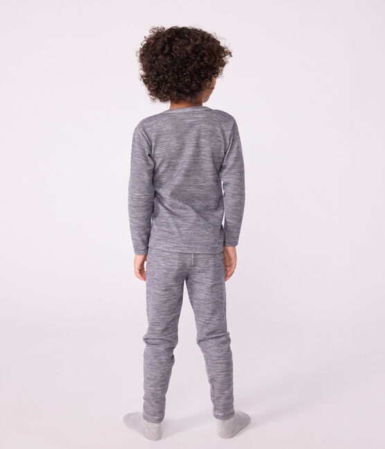 Tee-shirt enfant en laine et coton manches longues à rayures bleu SOIR/ MARSHMALLOW