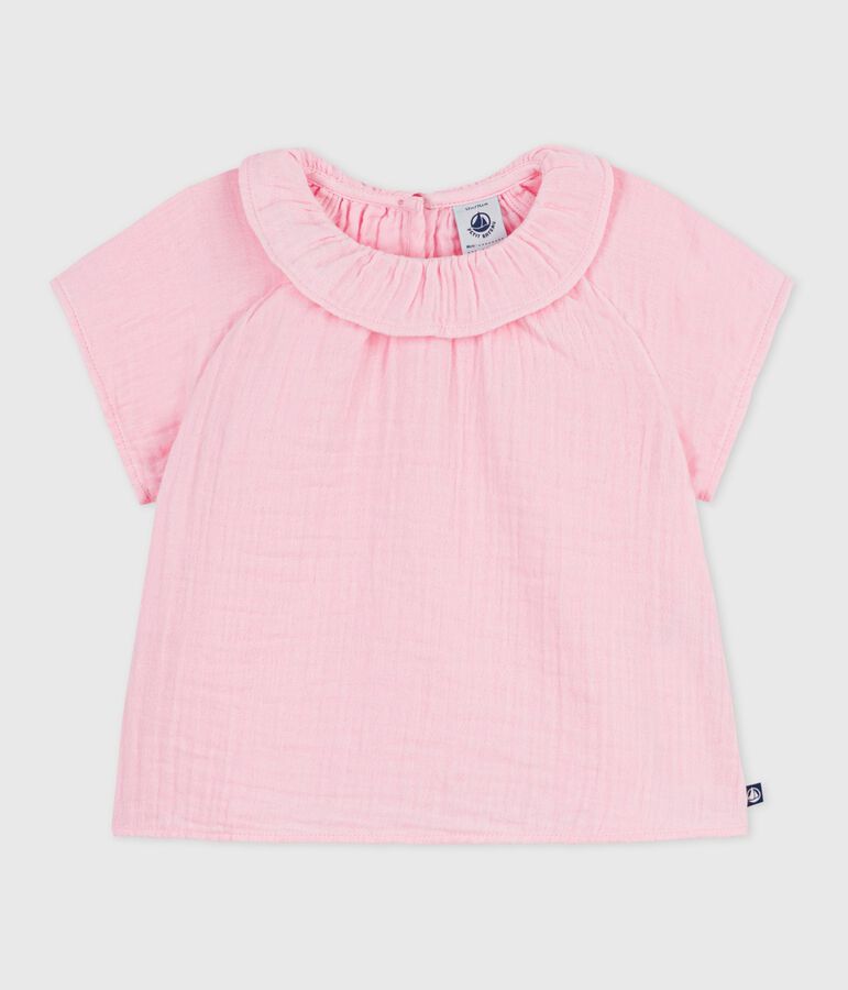 Blouse b&eacute;b&eacute; en coton manches longues unie rose