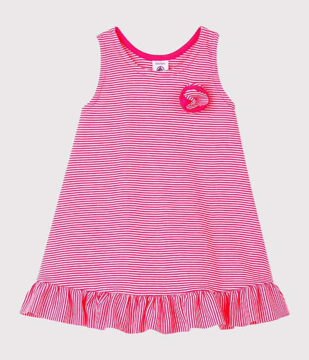 Robe sans manches b&eacute;b&eacute; fille en maille rose/blanc