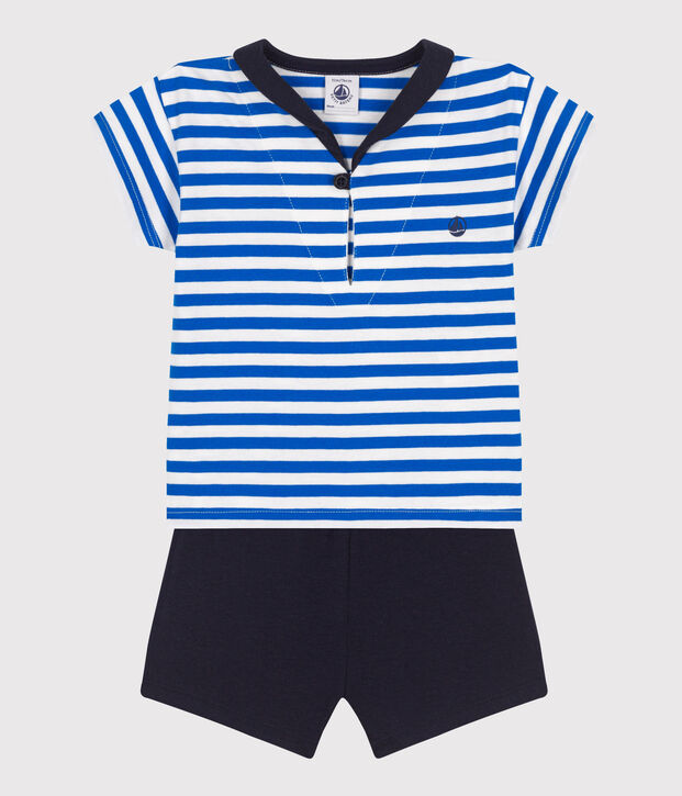 Ensemble b&eacute;b&eacute; deux pi&egrave;ces en coton, tee-shirt col vareuse bleu/bleu