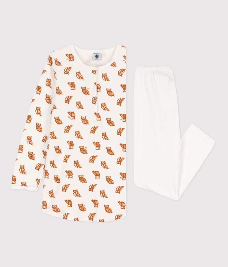 Chemise de nuit et legging hiboux petite fille en velours et en coton blanc MARSHMALLOW/ ECUREUIL