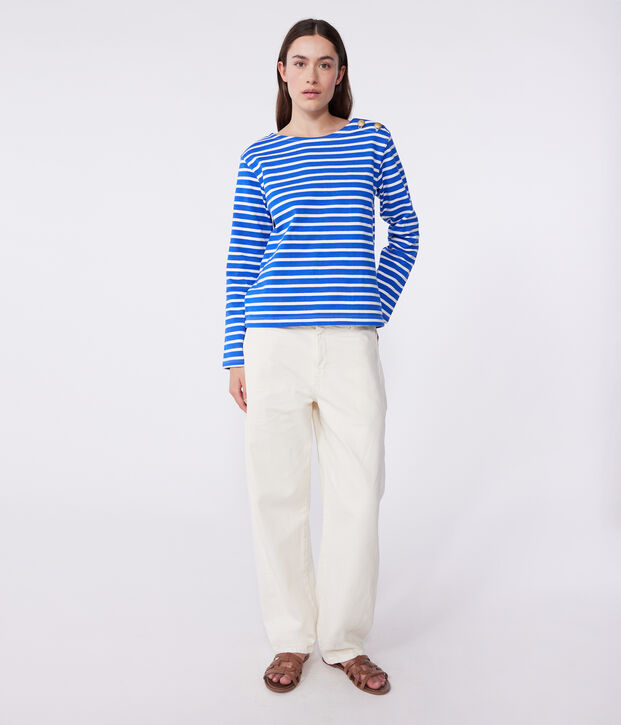 Katoenen marineshirt met lange mouw voor dames blauw/wit