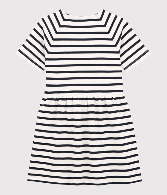 Meisjesjurk met korte mouwen in katoen wit MARSHMALLOW/blauw SMOKING