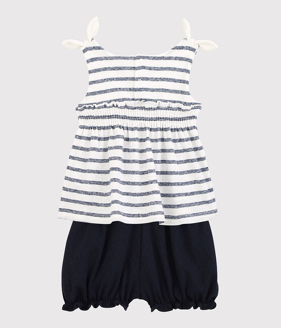 Set van katoenen/linnen blouse voor meisjes + bloomer wit MARSHMALLOW/blauw MEDIEVAL