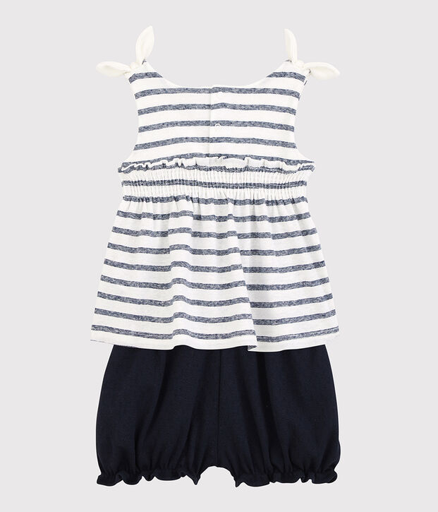 Set van katoenen/linnen blouse voor meisjes + bloomer wit/blauw