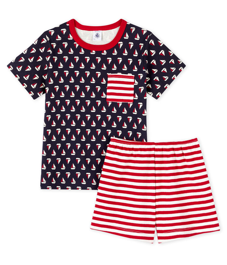 Korte pyjama van gebreide stof voor jongentjes blauw SMOKING/wit MULTICO