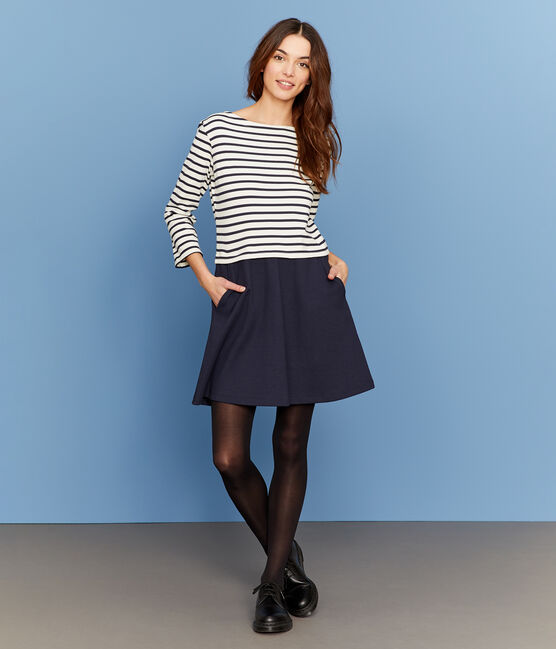 Jurk met lange mouwen vrouwen blauw SMOKING/beige COQUILLE