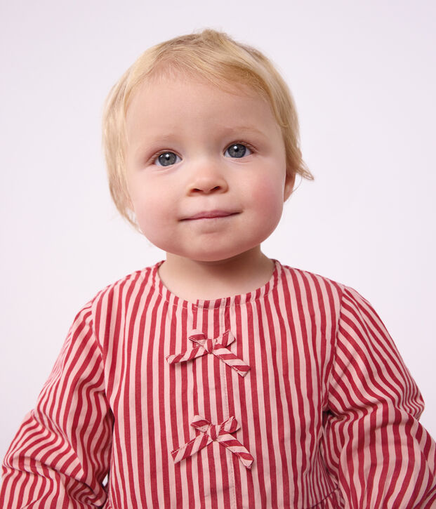 Blouse b&eacute;b&eacute; en coton manches longues &agrave; rayures rose/rose