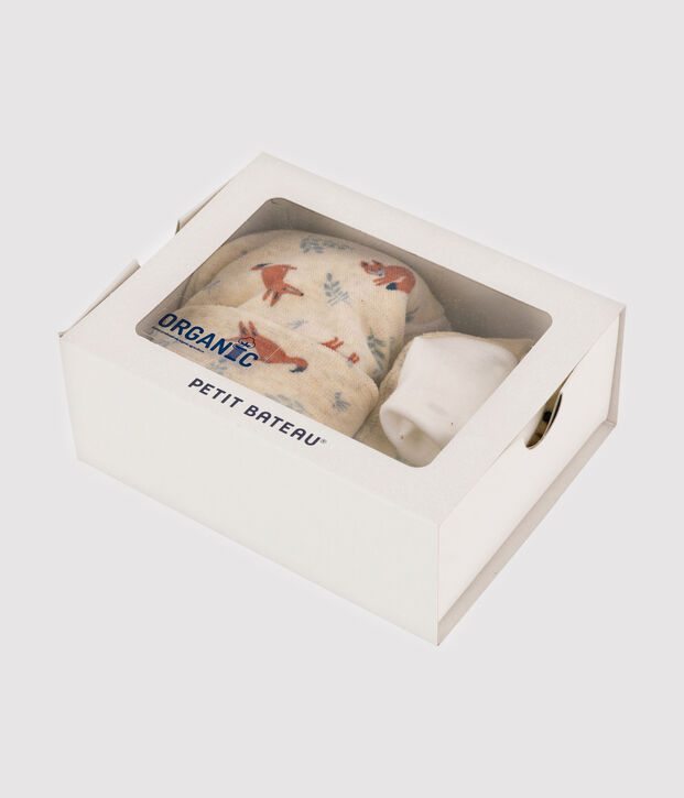 Lot bonnet naissance et chaussons renard b&eacute;b&eacute; gar&ccedil;on en velours beige/multicouleur
