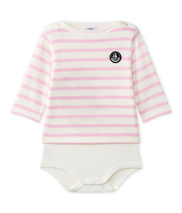 Babybody marine met lange mouwen wit/roze