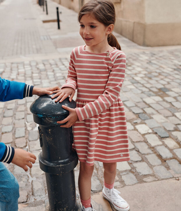 Robe manches longues en coton &eacute;pais enfant fille rose/&eacute;cru