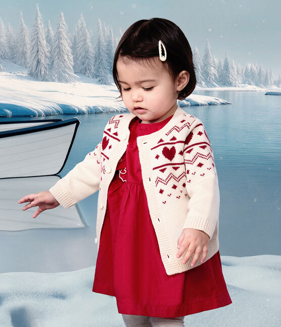 Cardigan bébé en tricot laine et coton, motifs cœurs écru AVALANCHE/ AMARANTE