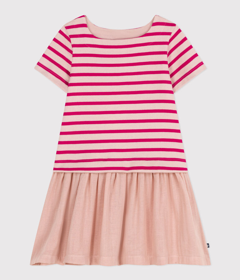 Robe manches courtes jersey &eacute;pais et gaze de coton enfant fille rose/rose