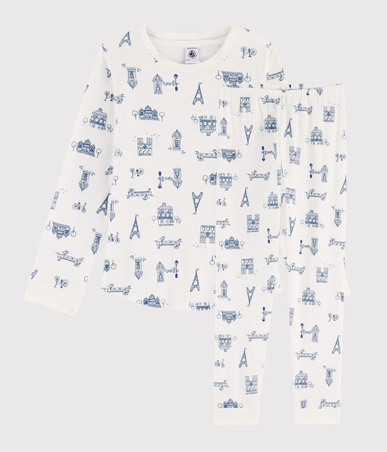 Pyjama enfant imprimé Paris en côte blanc MARSHMALLOW/bleu MAJOR