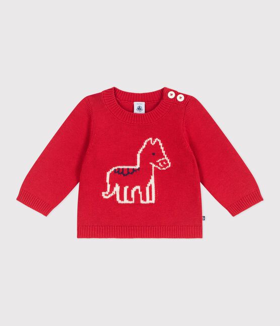 Gebreid babytruitje van wol en katoen met paardmotiefje rood TERKUIT/ AVALANCHE