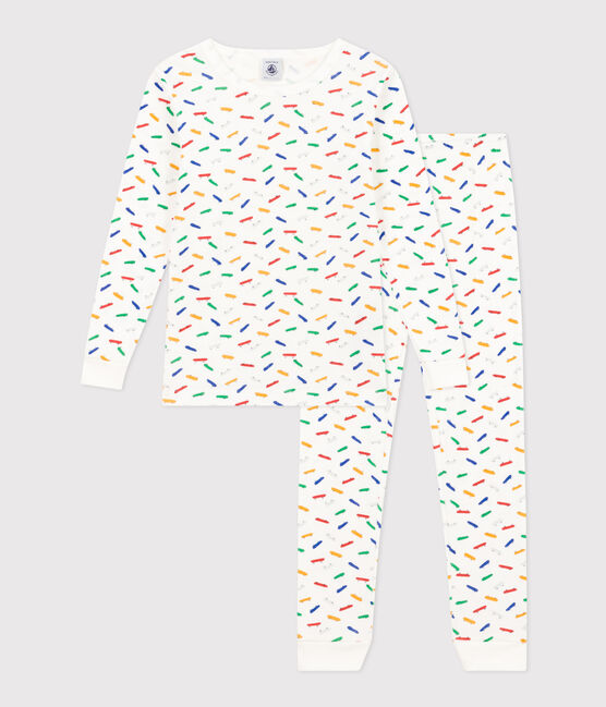 Aansluitende katoenen pyjama met skateboardprint voor kinderen wit MARSHMALLOW/wit MULTICO