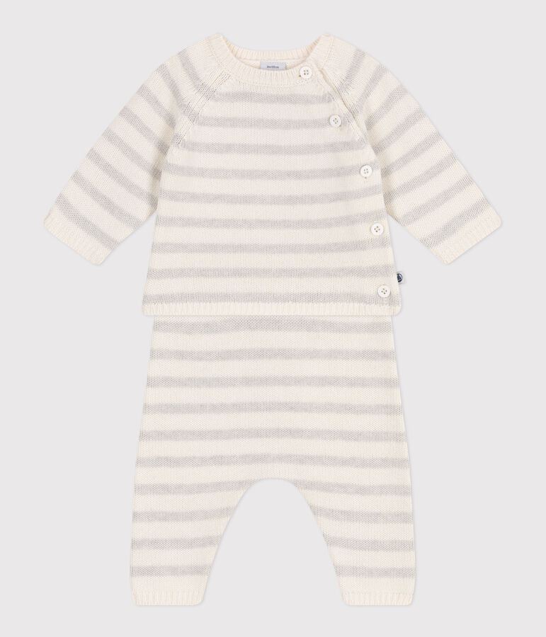 Tweedelig babysetje van tricot uit wol en katoen wit MARSHMALLOW/ MONTELIMAR