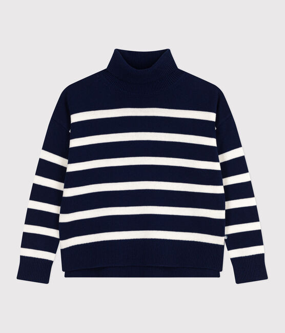 Gestreepte damestrui met opstaande kraag van wol en katoen blauw SOIR/ MARSHMALLOW