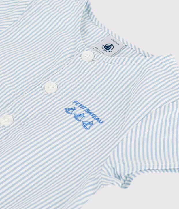 Katoenen babyspeelpakje met korte mouwen en strepen blauw/blauw