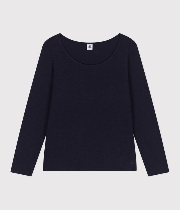 Tee-shirt Le Droit manches longues col danseuse en jersey flamm&eacute; femme bleu marine