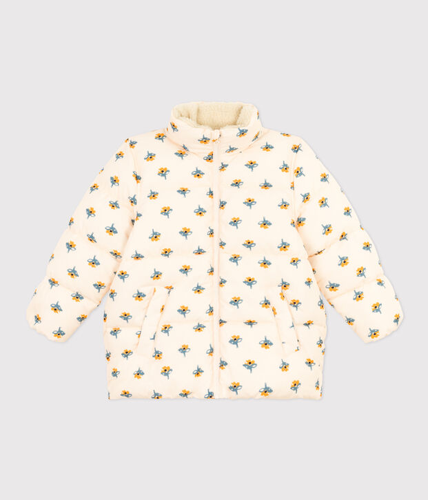 Donsjack met oprolbare capuchon voor meisjes ecru/multicouleur