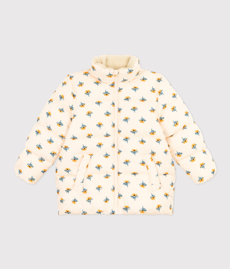 Donsjack met oprolbare capuchon voor meisjes ecru/multicouleur