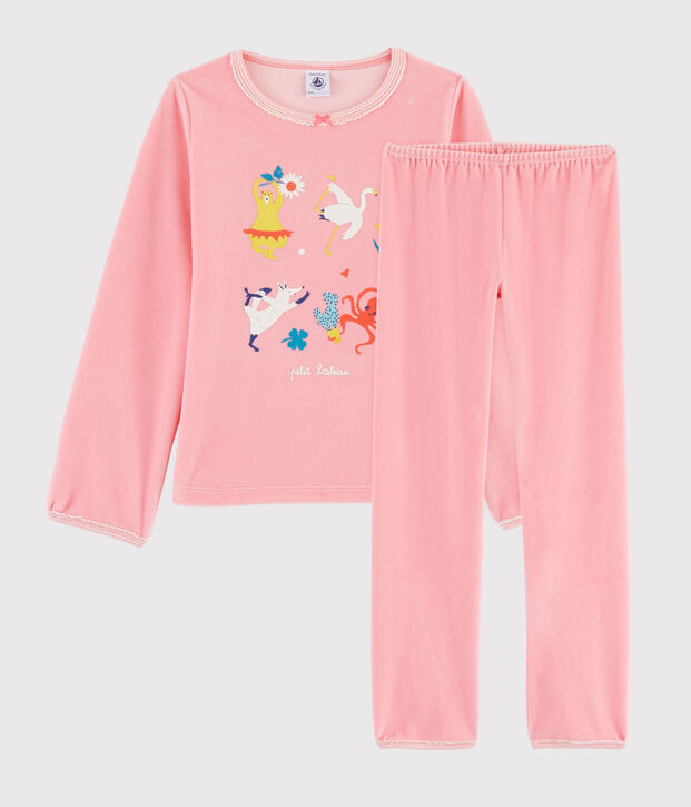 Pyjama rose animaux yoga petite fille en velours rose
