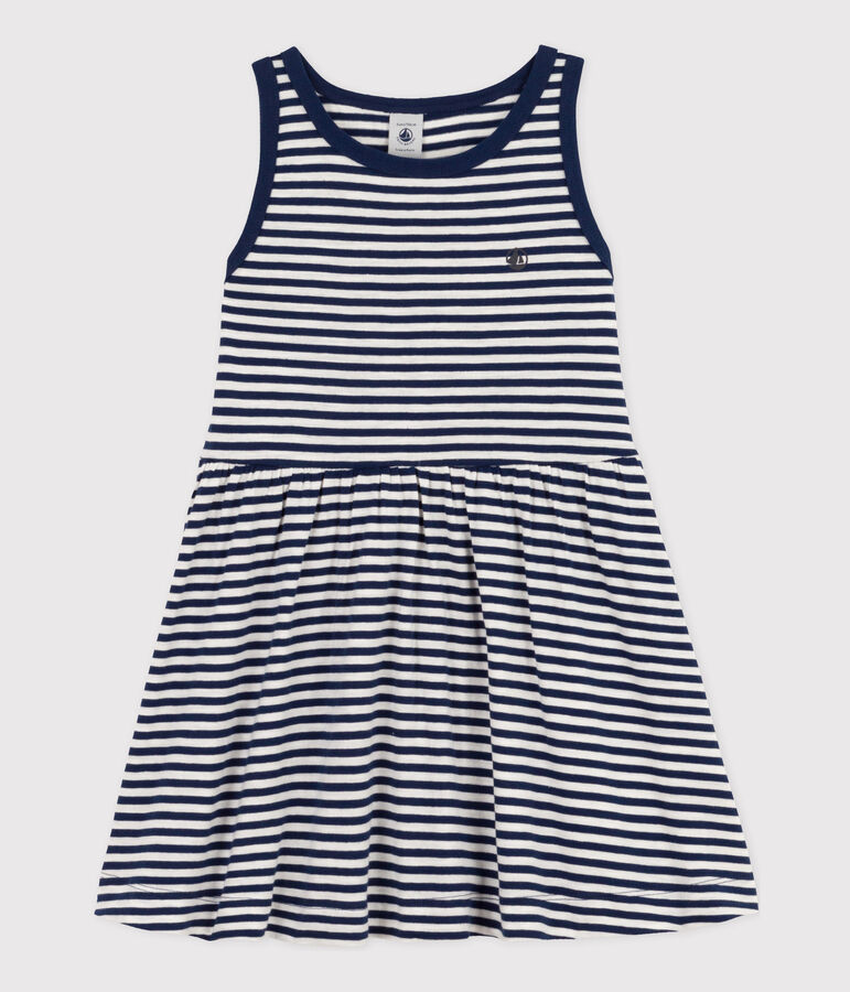 Robe ray&eacute;e sans manches en coton enfant fille bleu/blanc