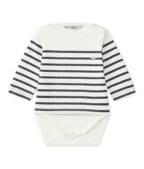 Marinebody met lange mouwen voor babymeisjes wit MARSHMALLOW/blauw SMOKING