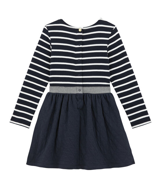 Gestreepte meisjesjurk in 2 stoffen blauw SMOKING/wit MARSHMALLOW