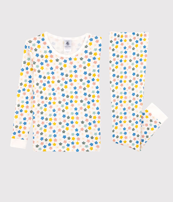 Pyjama snugfit fleurs rétro phosphorescent petite fille en coton blanc MARSHMALLOW/blanc MULTICO