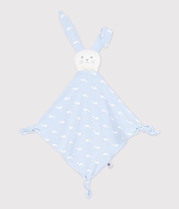 Doudou b&eacute;b&eacute; en coton imprim&eacute; baleine bleu/blanc